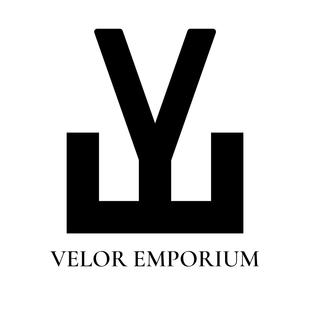 Logotipo preto minimalista da Velor Emporium com nome